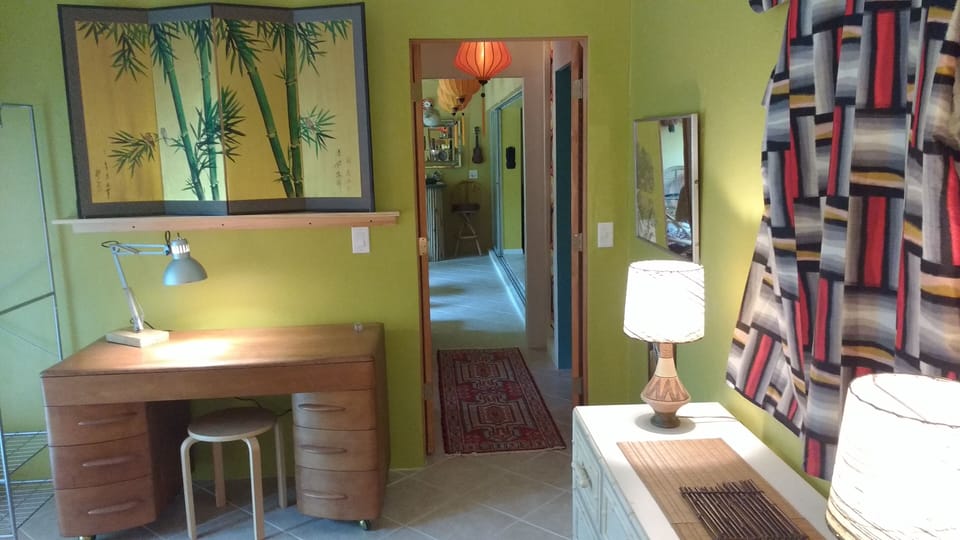 Back Bedroom: Japanese screen over Heywood Wakefield desk, out to Lanai room.