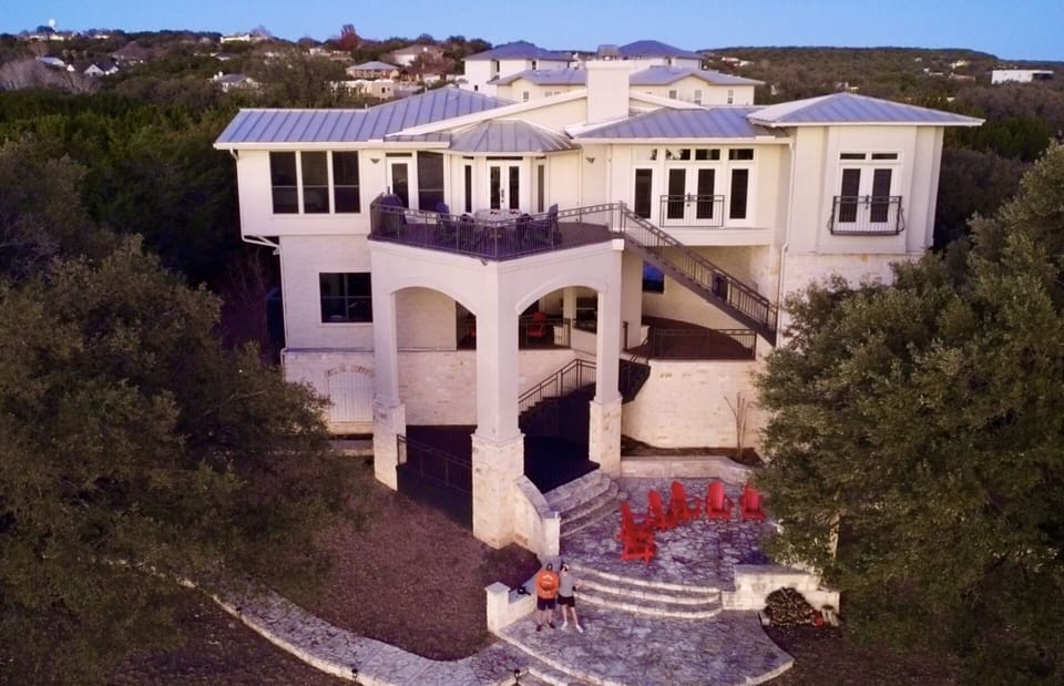 Birdseye view of the lake side of the house