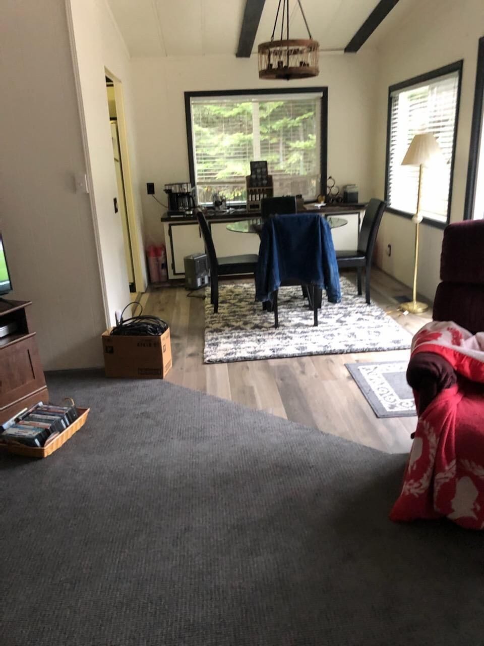 Showing the new floor and paint in the dining room and part of the living area. 