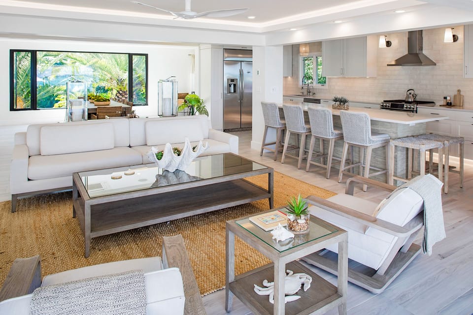Living room and indoor dining area and kitchen bar