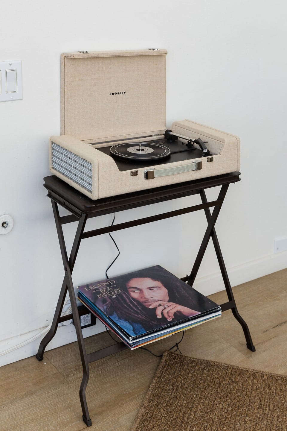 Record player with a collection of classic beachy albums