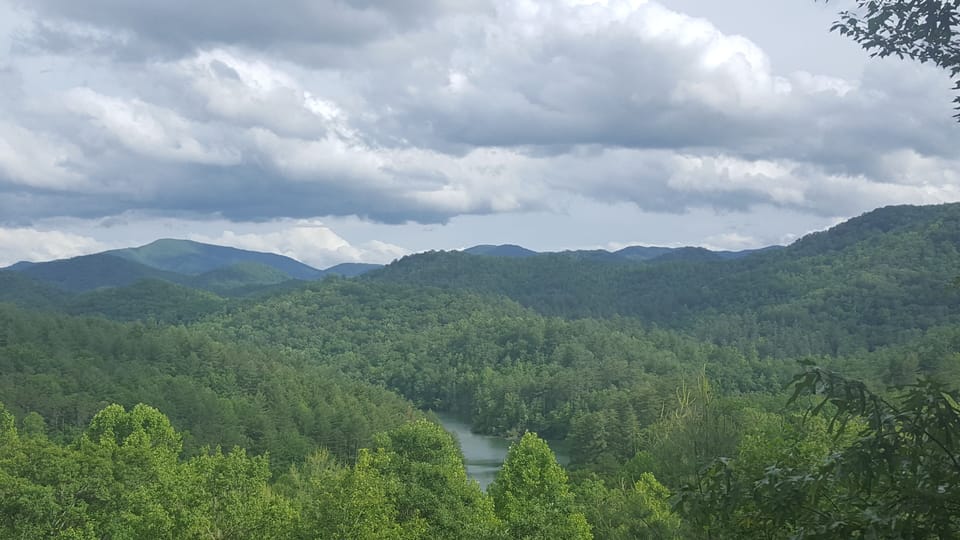 Mountain & lake view from cabin front porch & back deck.