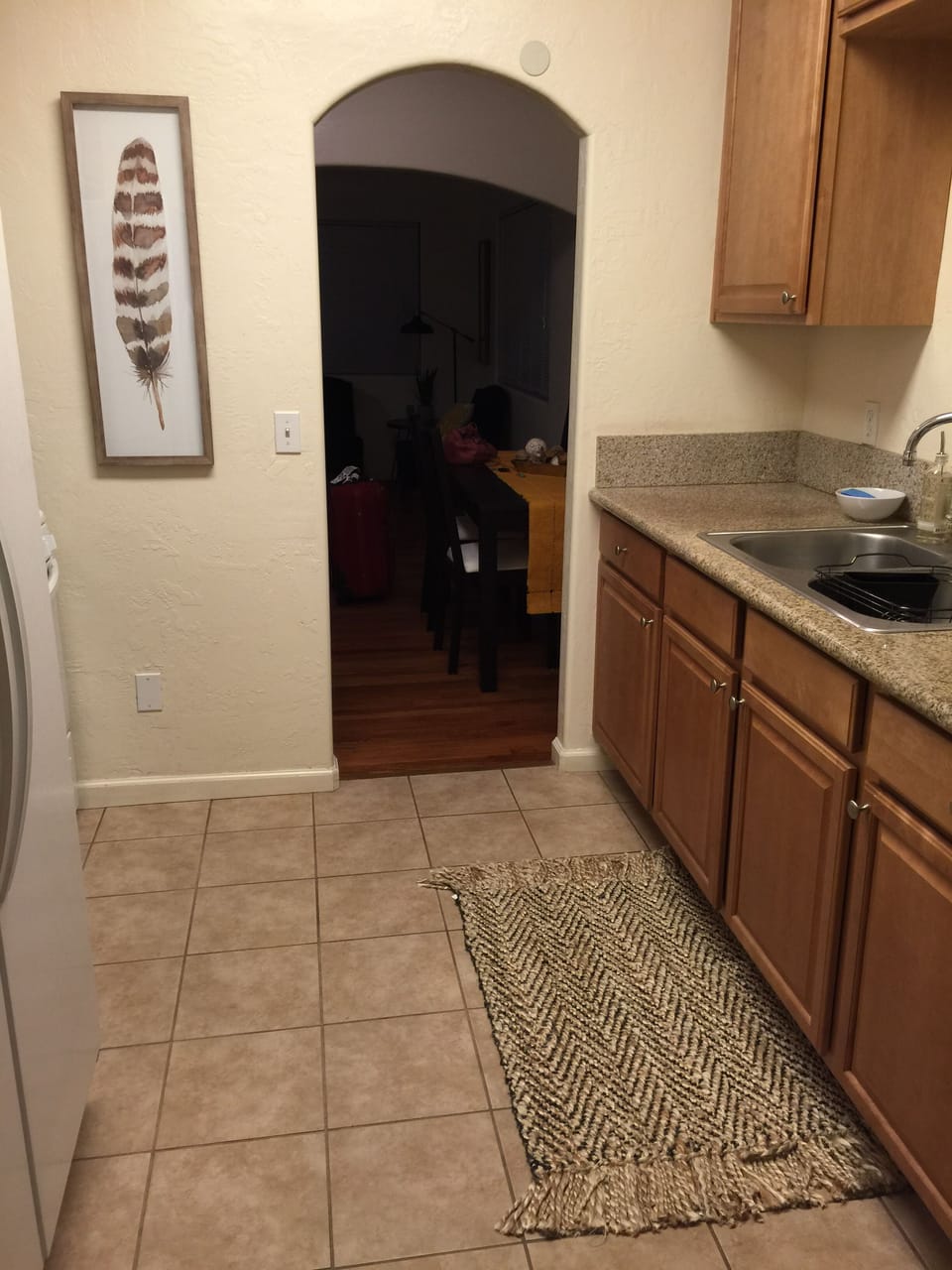 Kitchen is well equipped and leads to the back patio