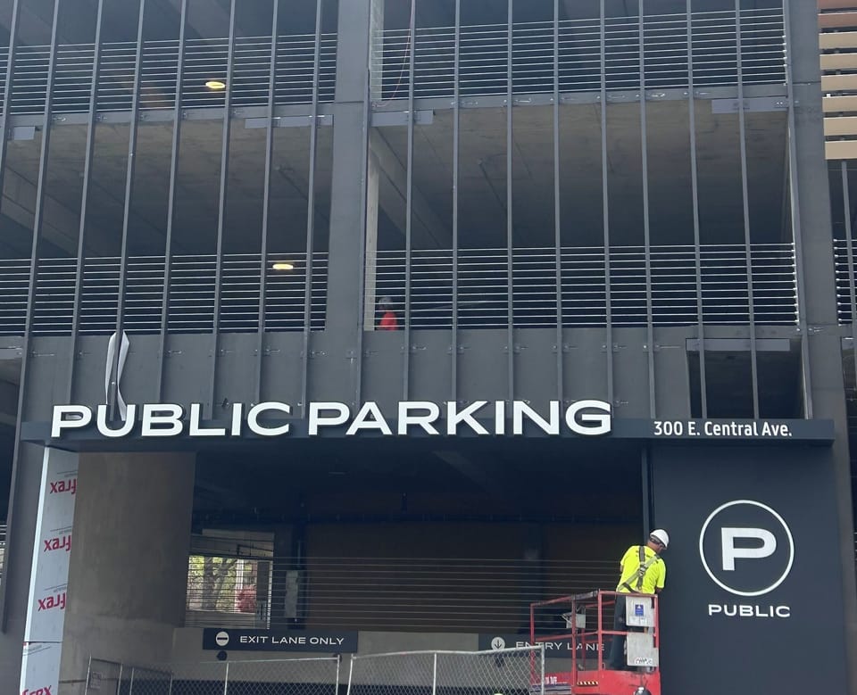Entrance to free city parking garage at 300 E Central 