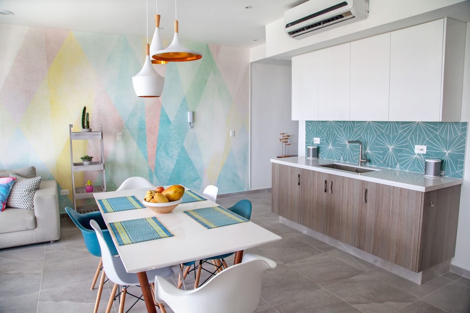 Kitchen and living room.