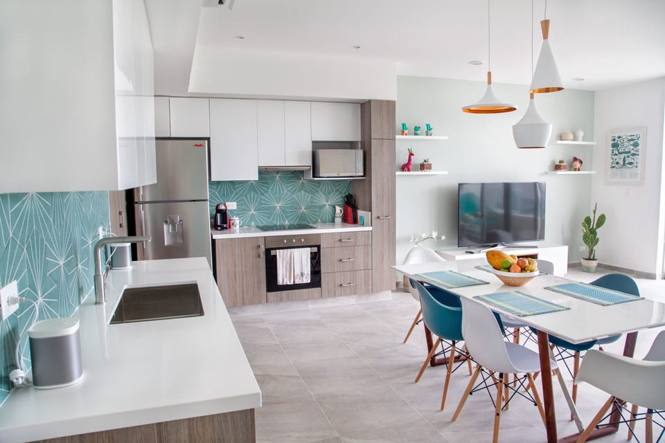 Kitchen and living room.
