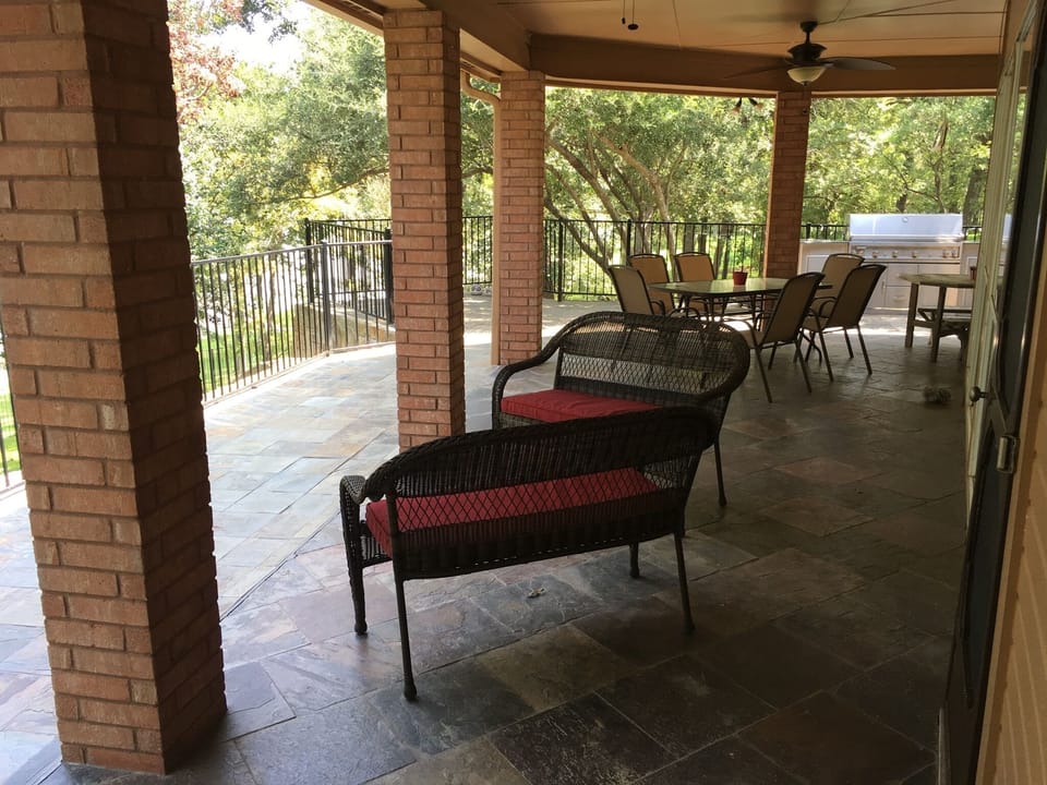 A comfortable place to sit and relax on the huge patio overlooking the lake. 