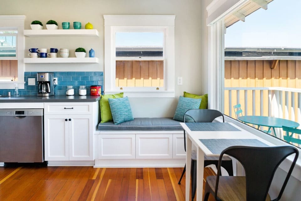 A dining nook in the corner of the kitchen