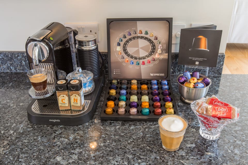 Complimentary selection of Nespresso coffee for espressos, capucinnos and lattes