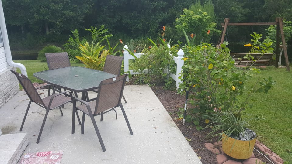 Seating area overlooking the pond