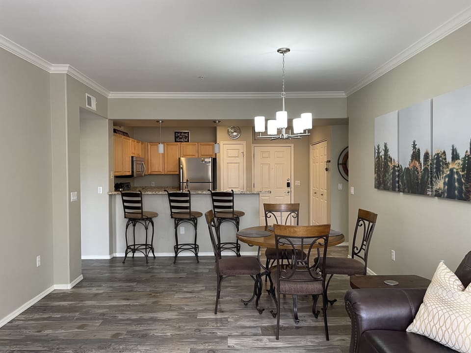 View of family room and kitchen