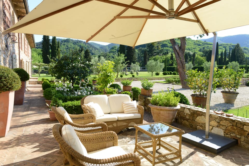 One of many comfortable garden seating areas.