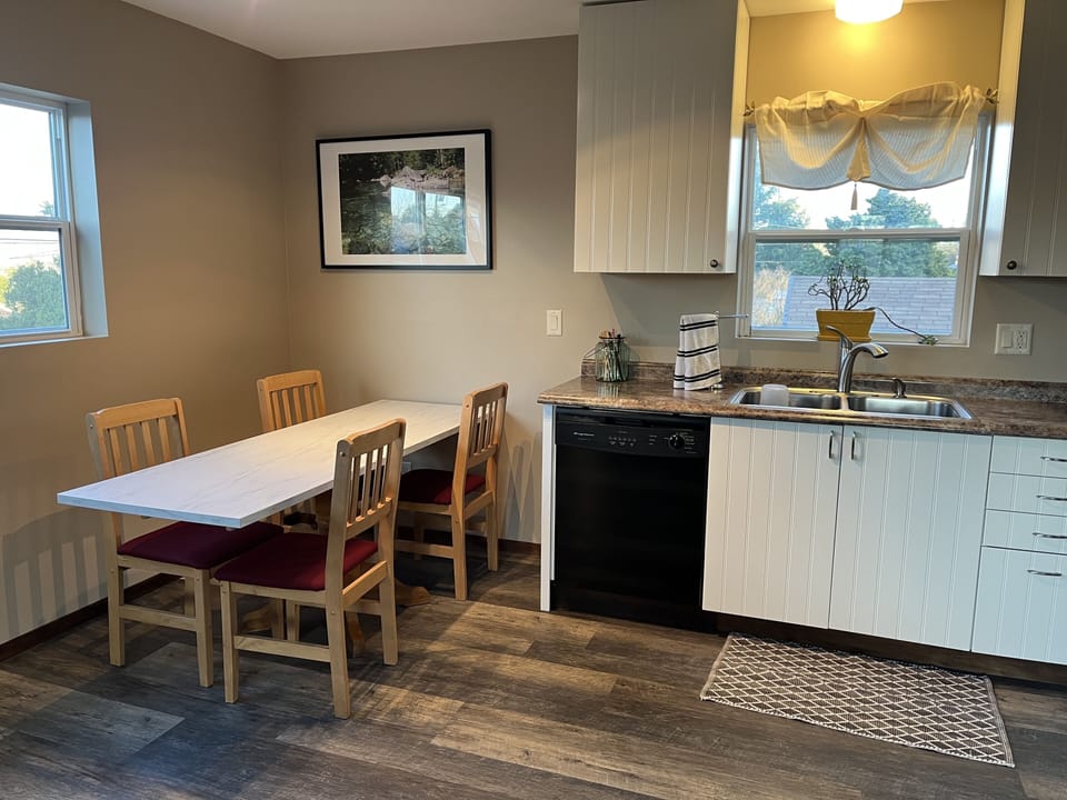 Closeup of stylish dining and kitchen area.