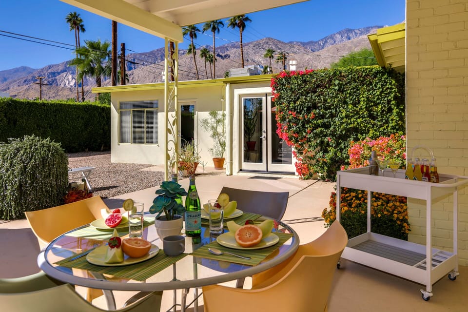 Outdoor dining area with spectacular western mountain views