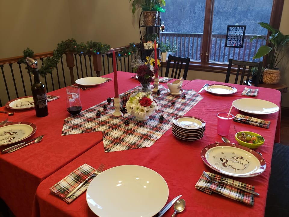 Here are 2 tables pushed together. seating for 10. Please request extra table.