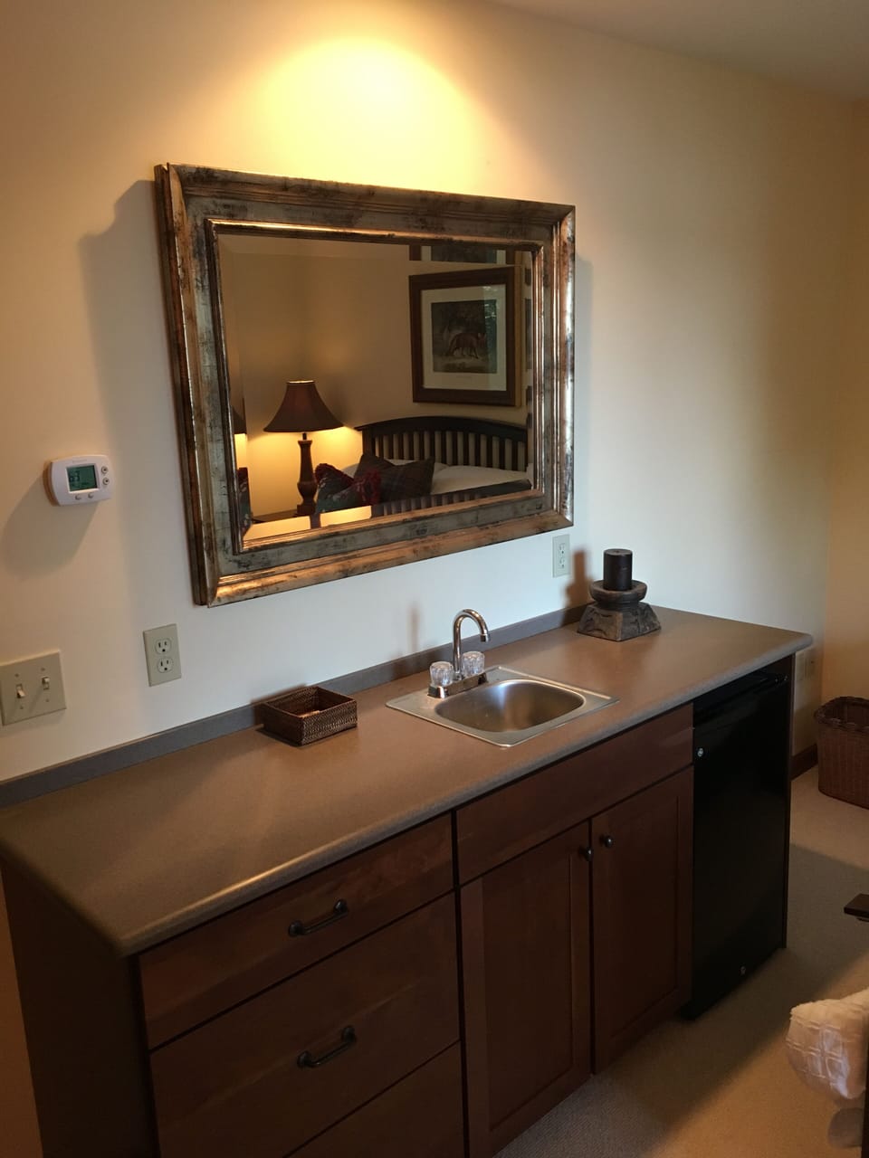 BR2: Upstairs queen bedroom with lake view, sink and mini-fridge 