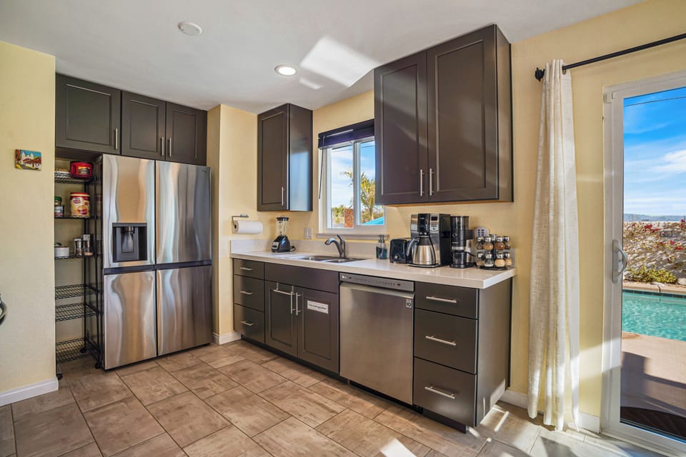 The kitchen provides many appliances and prep tools, plus filtered water.