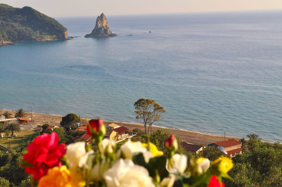 The Bay of Agios Gordios with its gently sloping beach and the holiday house