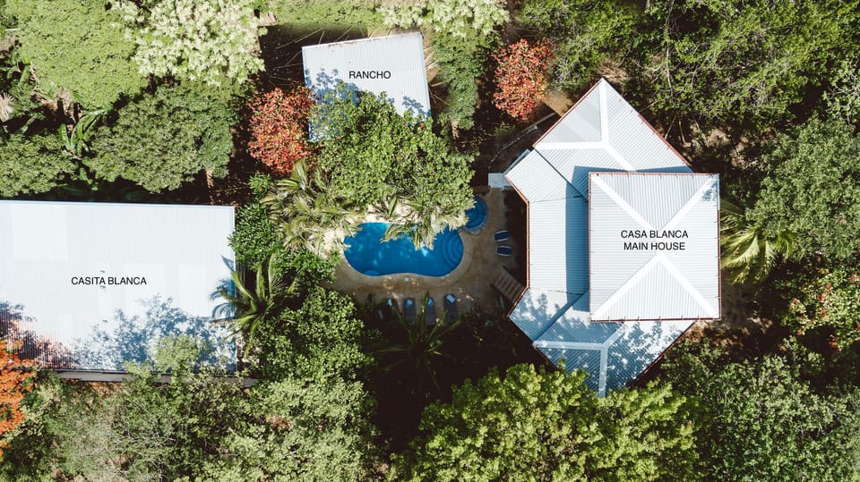 Aerial view of the main house, rancho and casita.