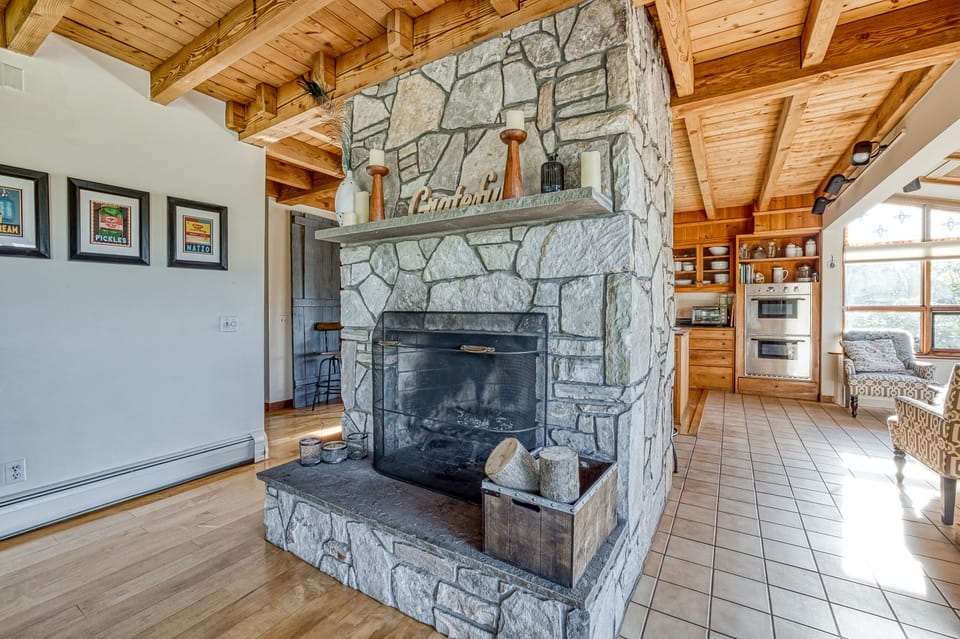 Giant fireplace in dining room