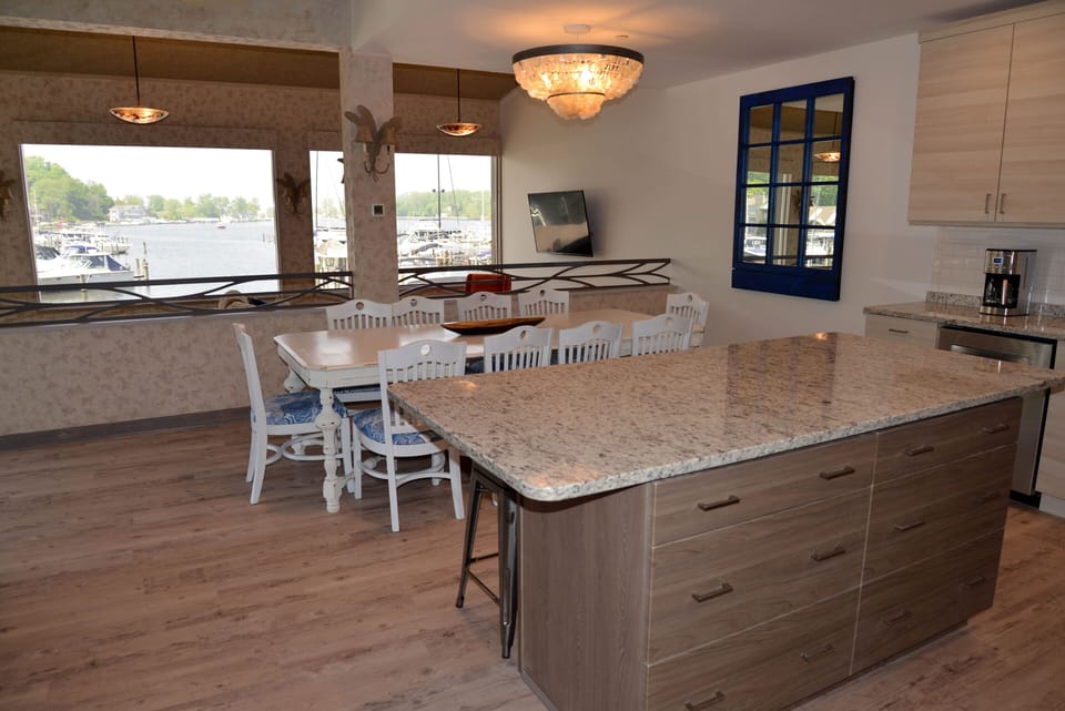 Kitchen and dining area with water view