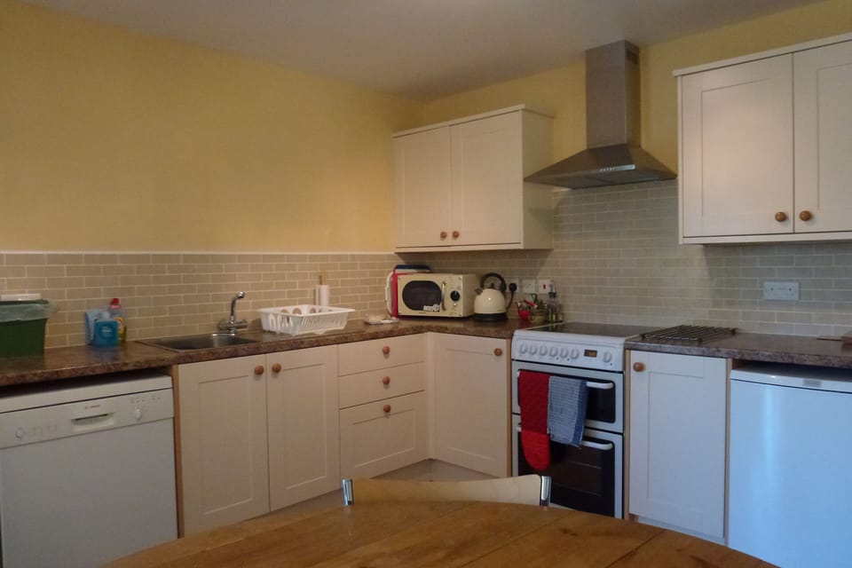 Kitchen area with fridge, dishwasher, microwave, toaster etc