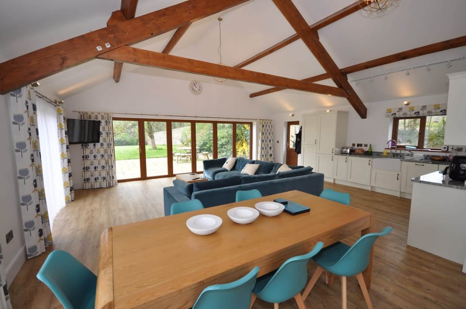 Dining & lounge area with sofa, 42" smart TV & bi-fold doors