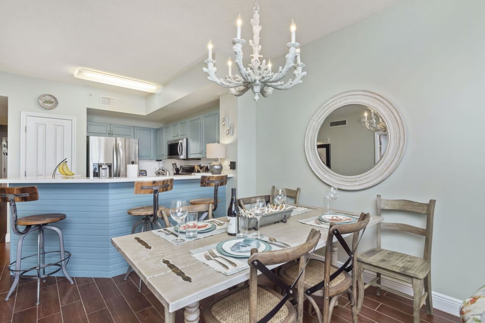Plenty of seating for at table and breakfast bar.