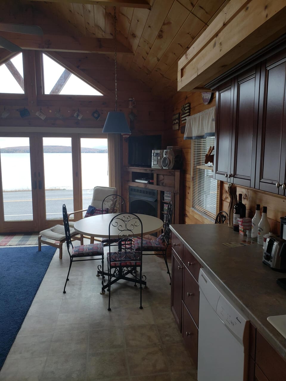 Dining table and fireplace