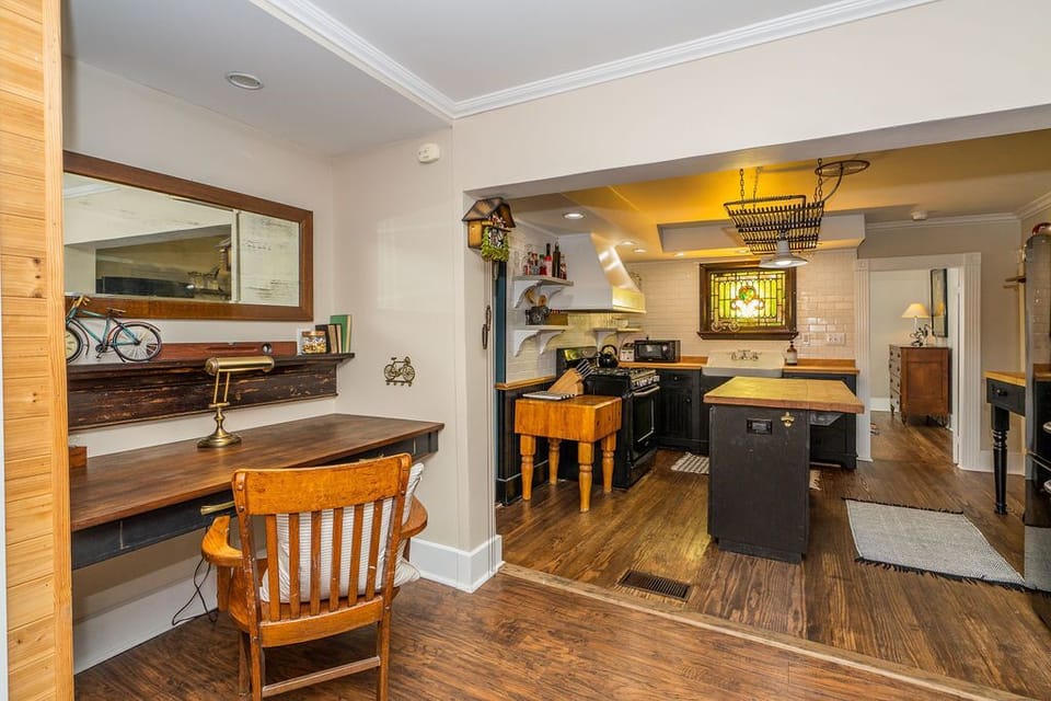View into fully stocked kitchen. 