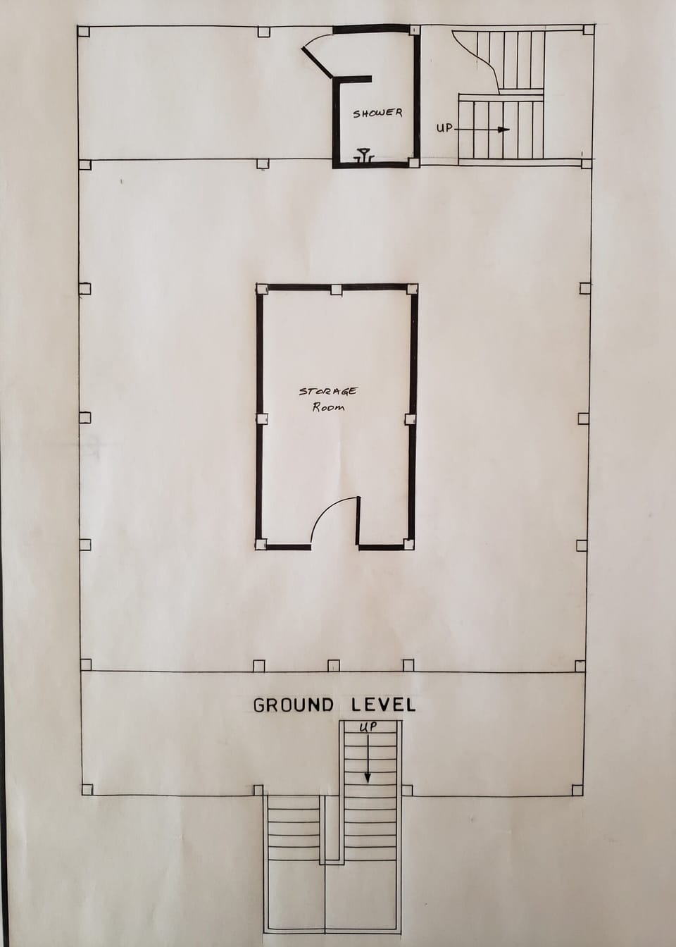 Ground floor layout showing the storage shed and shower location.