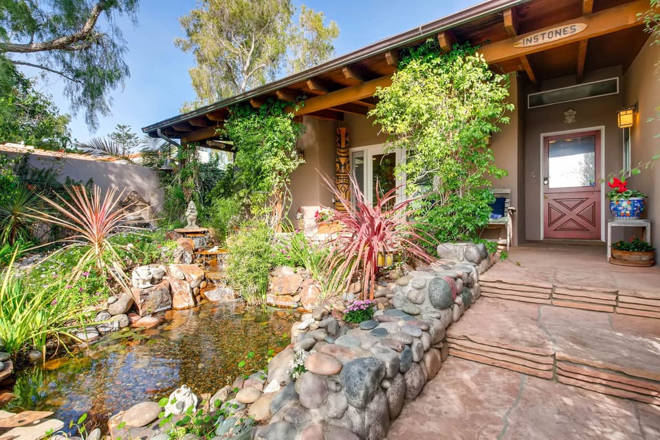 Nite lit pond with waterfall features