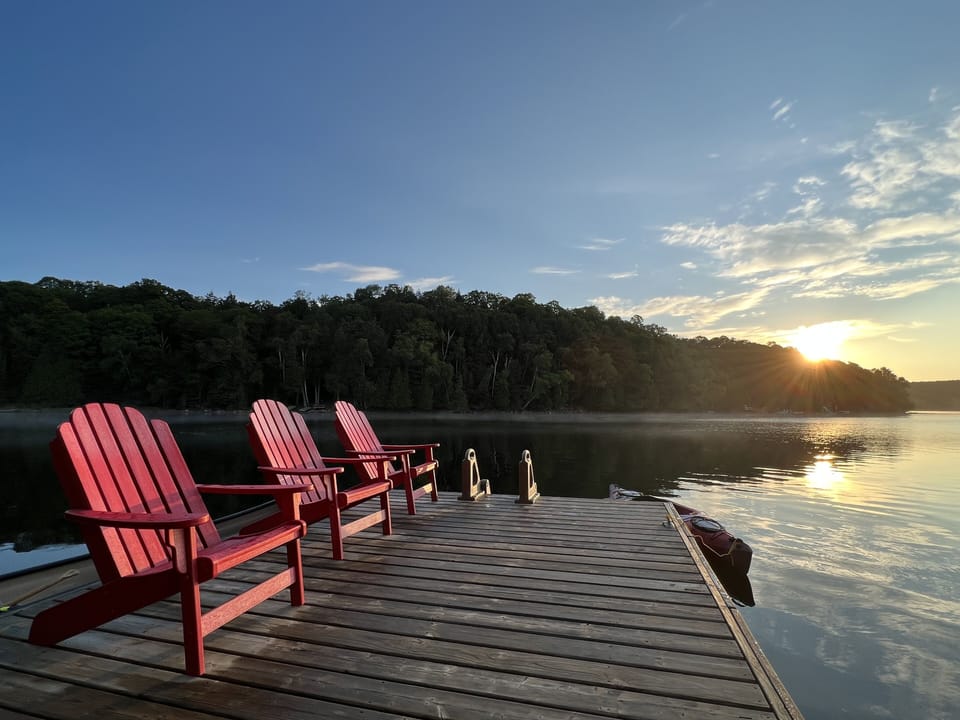 Morning at dock - canoe and 2 kayaks