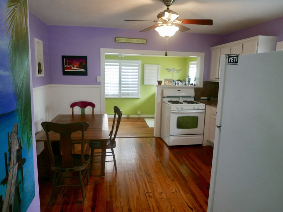 view from family room into kitchen