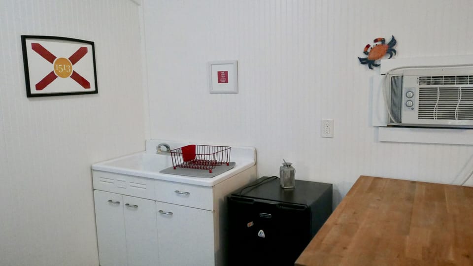 cottage kitchenette with sink, mini fridge and coffee maker