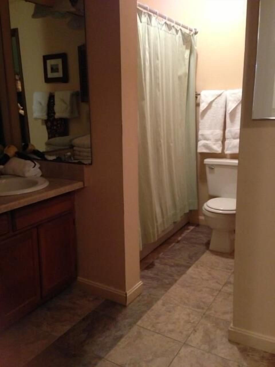 Master bath: tub, shower, 2 sinks; second door opens to hallway