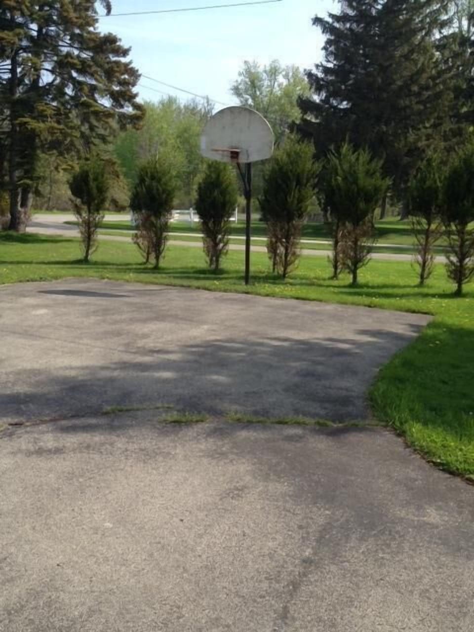 Ample parking spaces and basketball net.