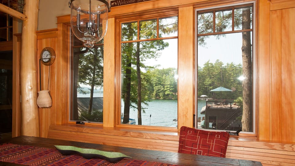 Straight on view of the lake from the dining area that opens to the great room