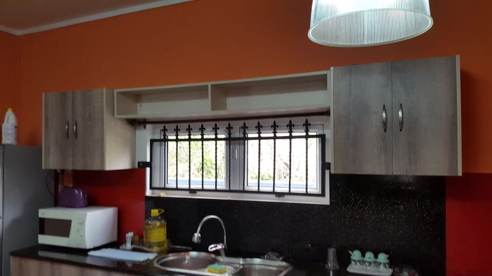 Kitchen with microwave fridge etc