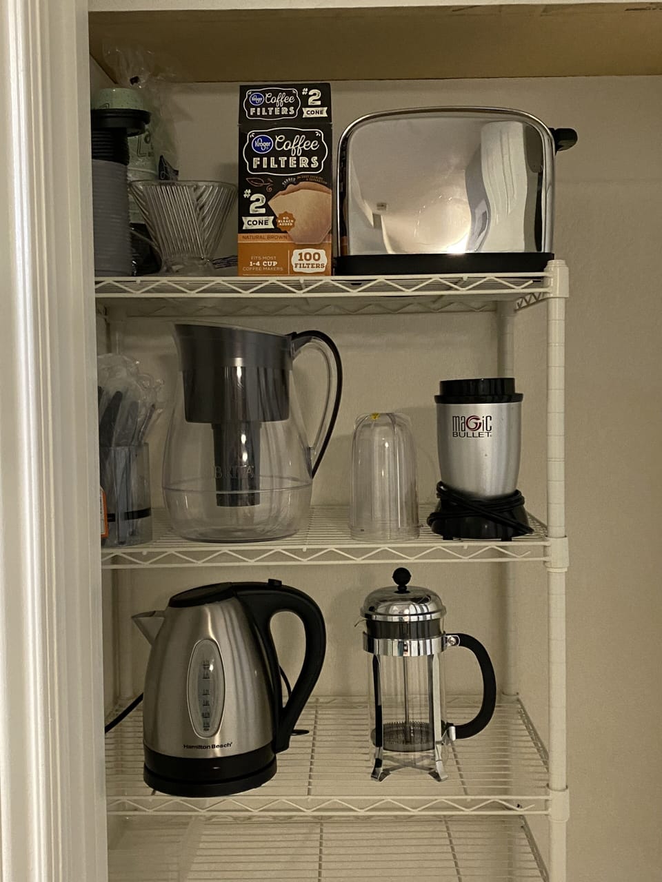 Toaster, blender, French Press, Tea Kettle.