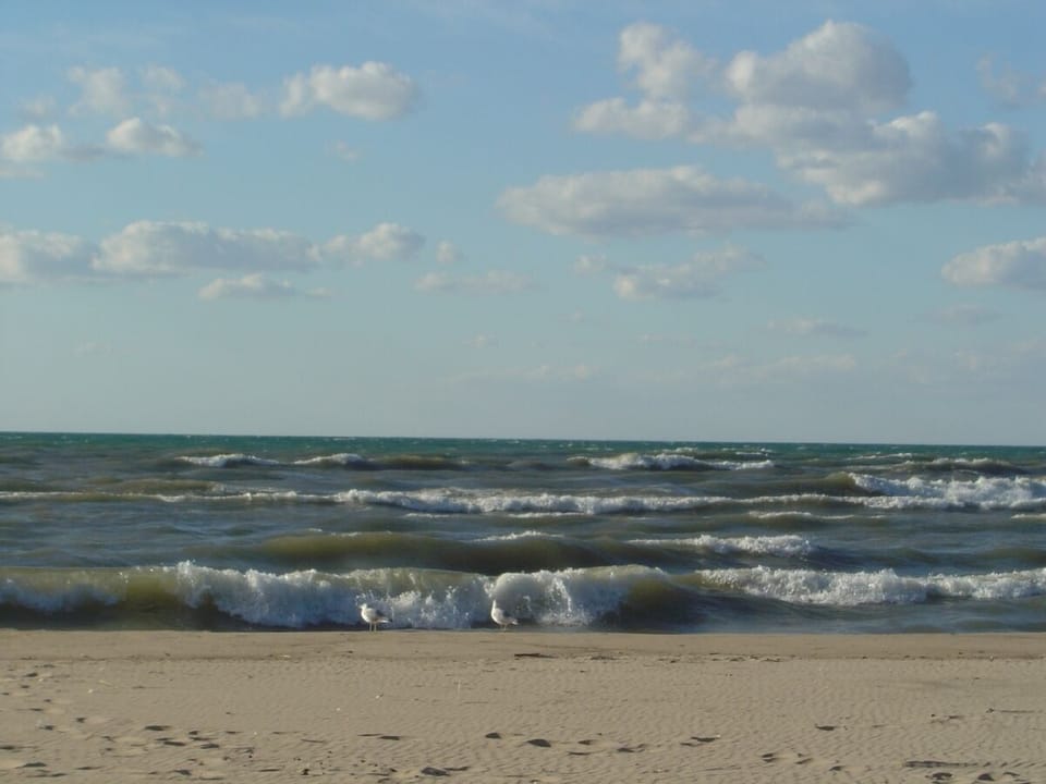 the beach, warm water, shallow and sandy. 
