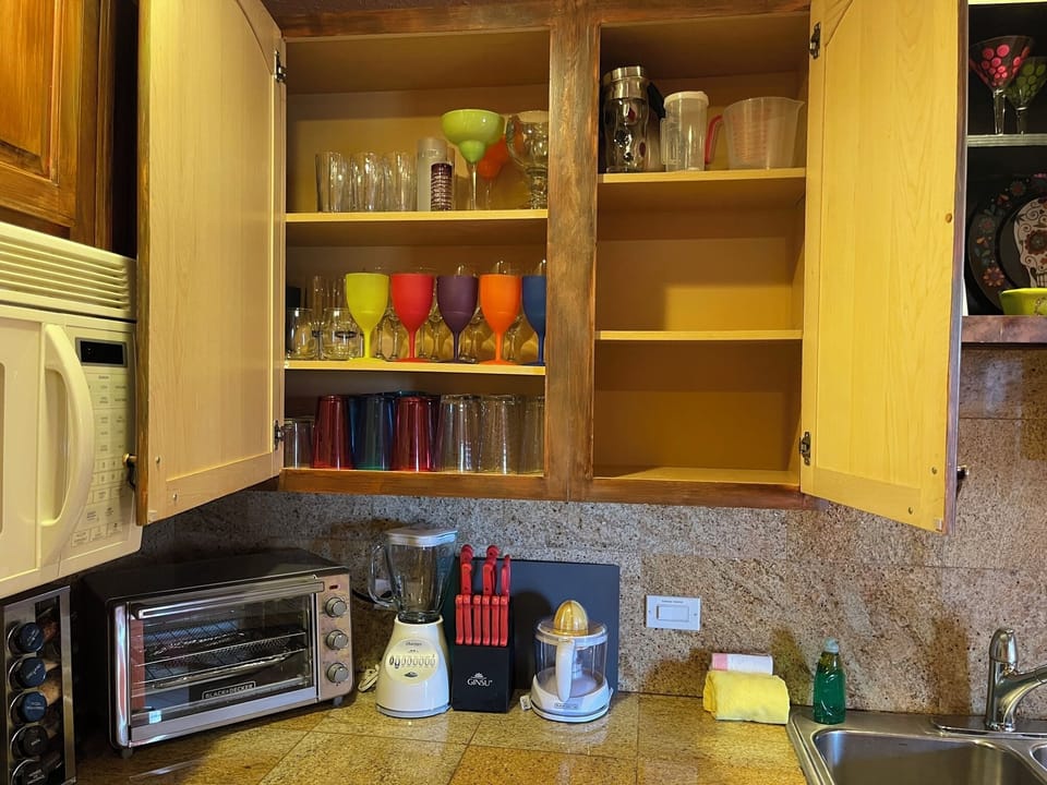 Plastic and glassware + empty space for groceries