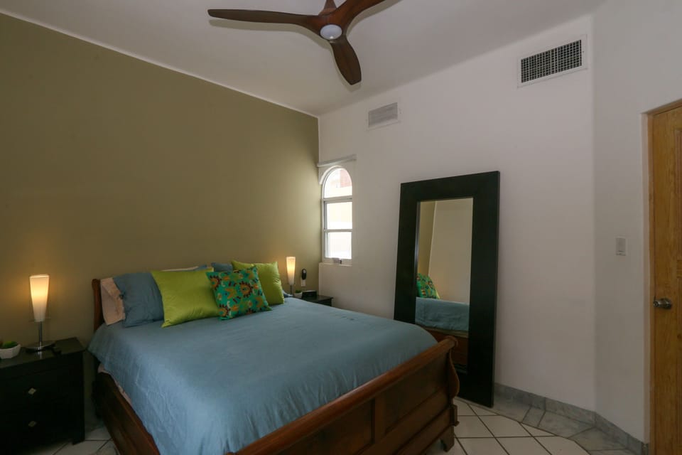 Queen size bed with brand new quiet ceiling fan