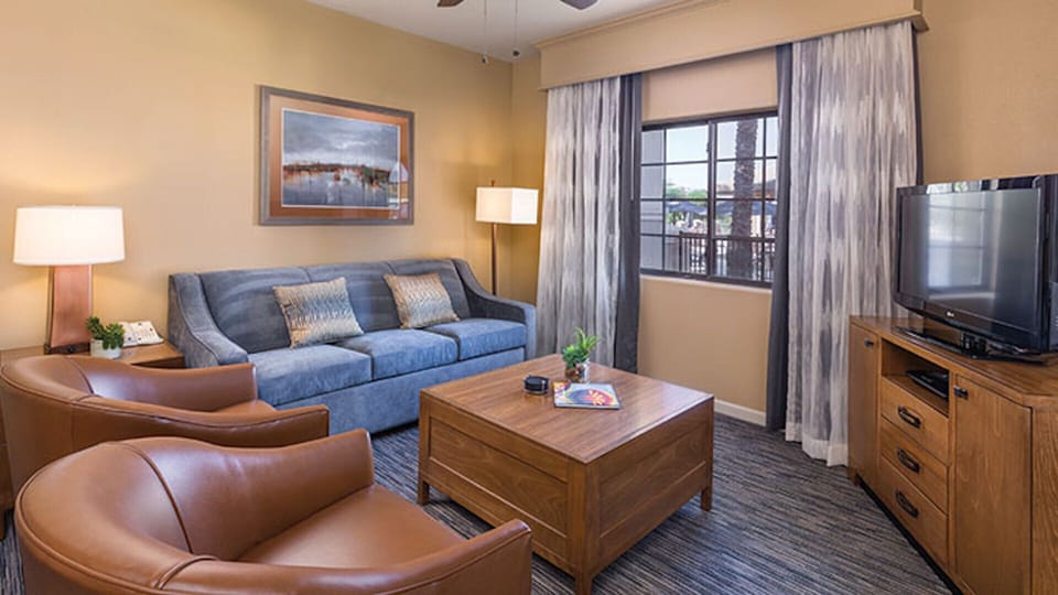 Living Room, showing queen-sized memory foam sleeper sofa
