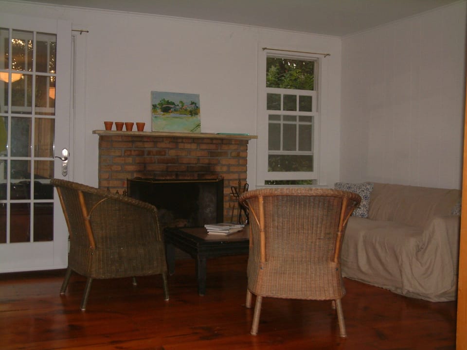 Dining room with wood burning fireplace