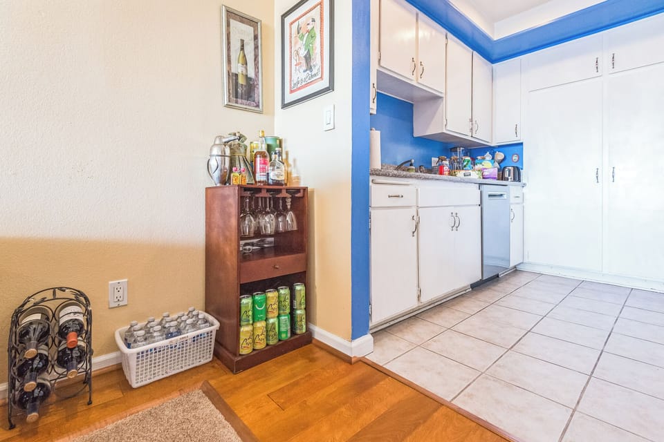 Beverage Station meets cozy kitchen - perfect for meals and cocktails. 