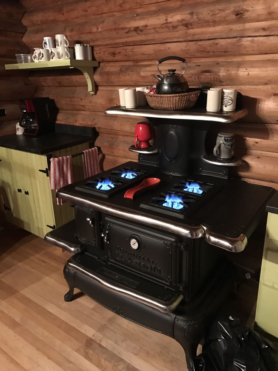 Country Kitchen w/original antique cook stove converted to propane cook top.