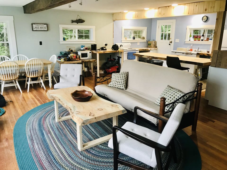 Open concept kitchen, dining and living room. 