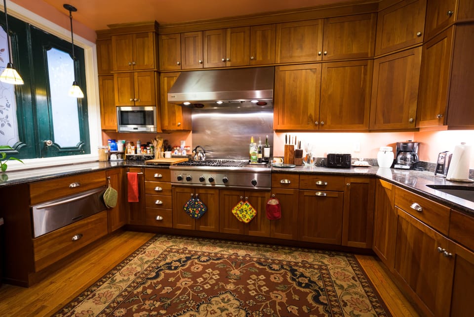 Kitchen gas stove top and counters.