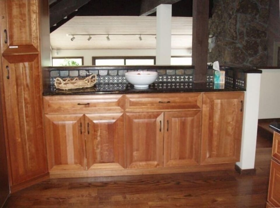 kitchen looks down to living room